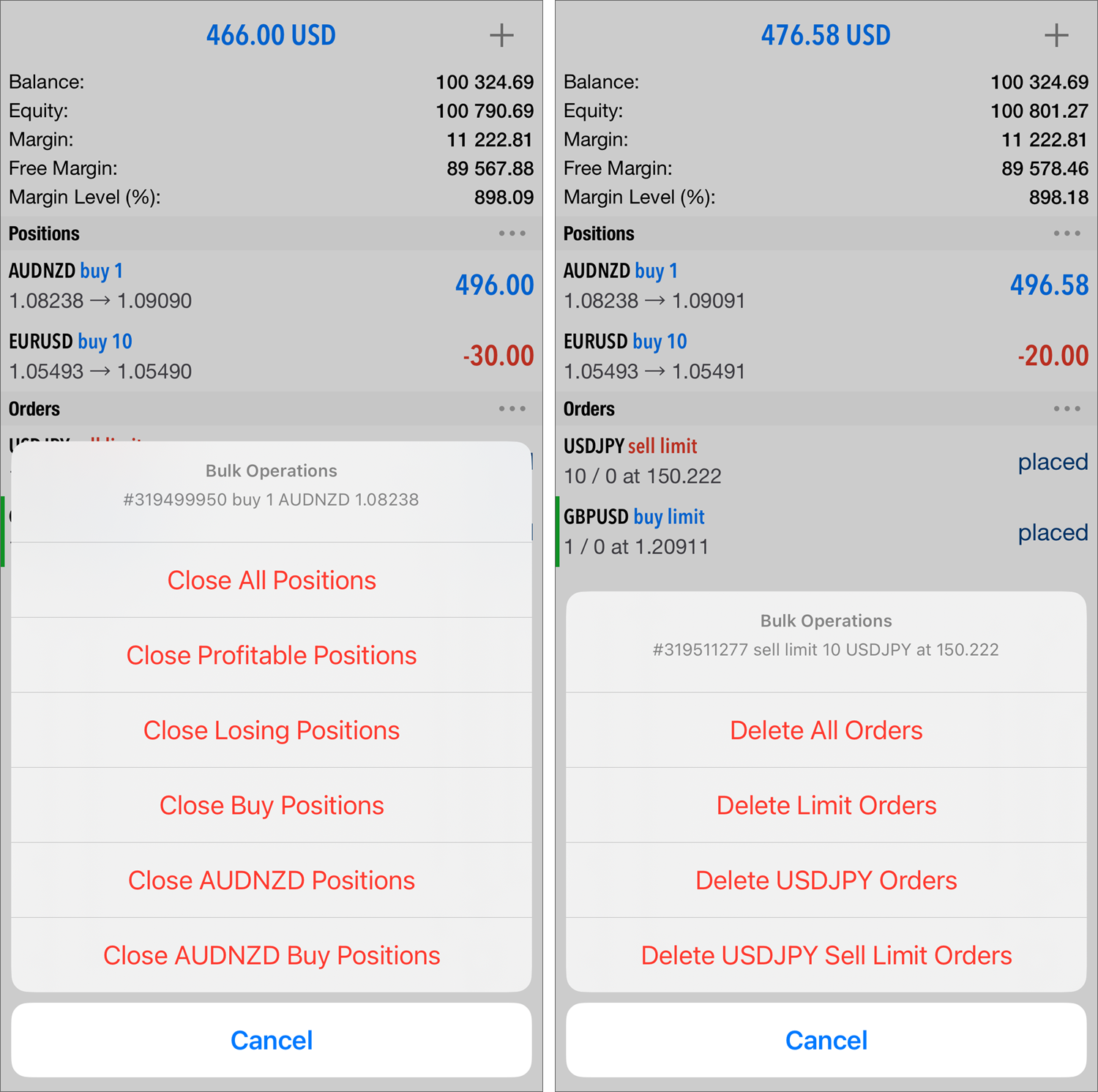 Bulk position closing and order deletion